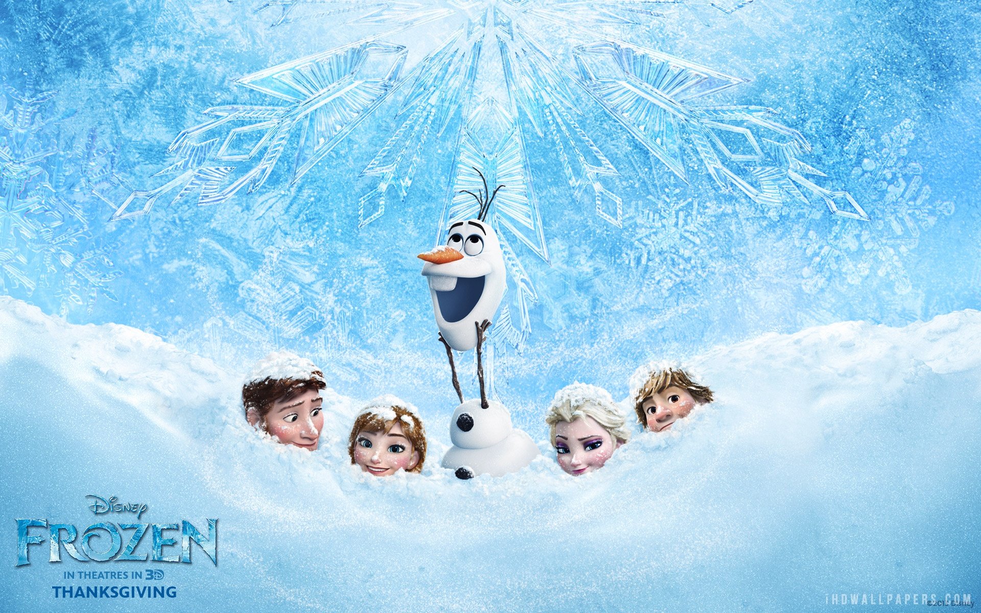 Frozen wallpaper with Anna, Elsa, Olaf, Kristoff, Sven and Hans in the snow - Elsa