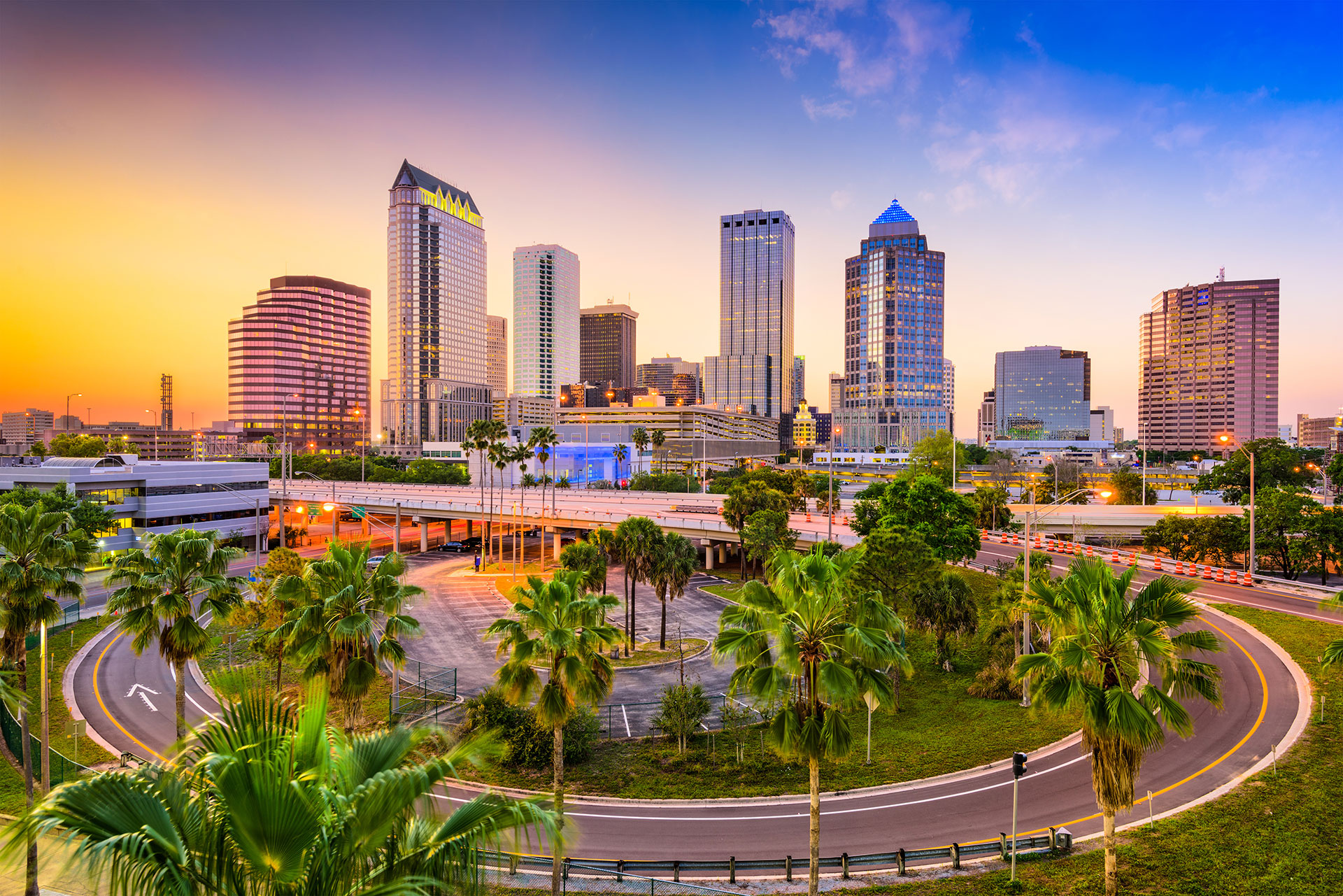 A city skyline with palm trees and buildings - Florida