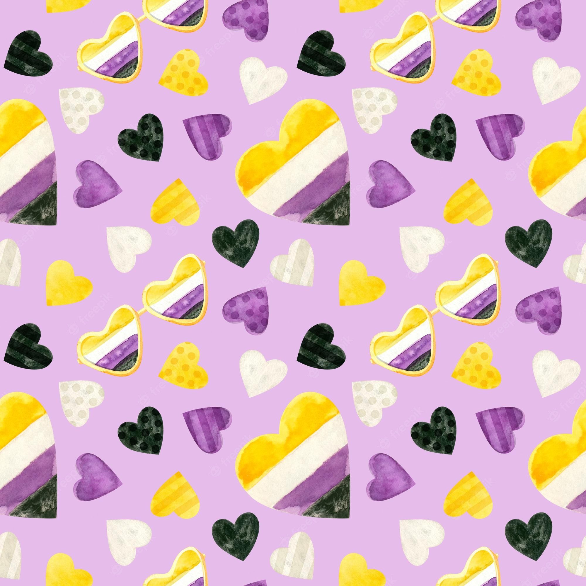 A pattern of hearts and other shapes on purple background - Non binary