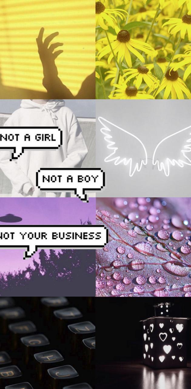 Aesthetic phone wallpaper with 4 different pictures of flowers, a typewriter, angel wings, and a candle. - Non binary