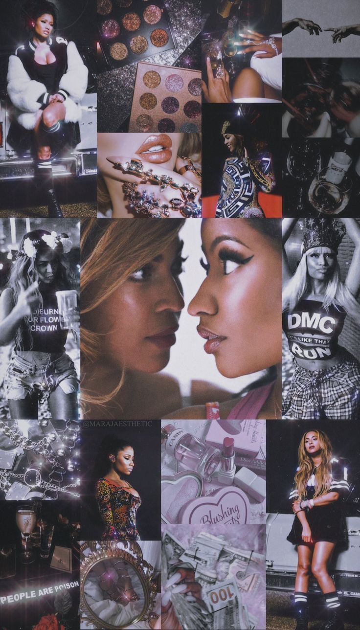 A collage of photos of Beyoncé and Nicki Minaj with a black and white aesthetic. - Beyonce