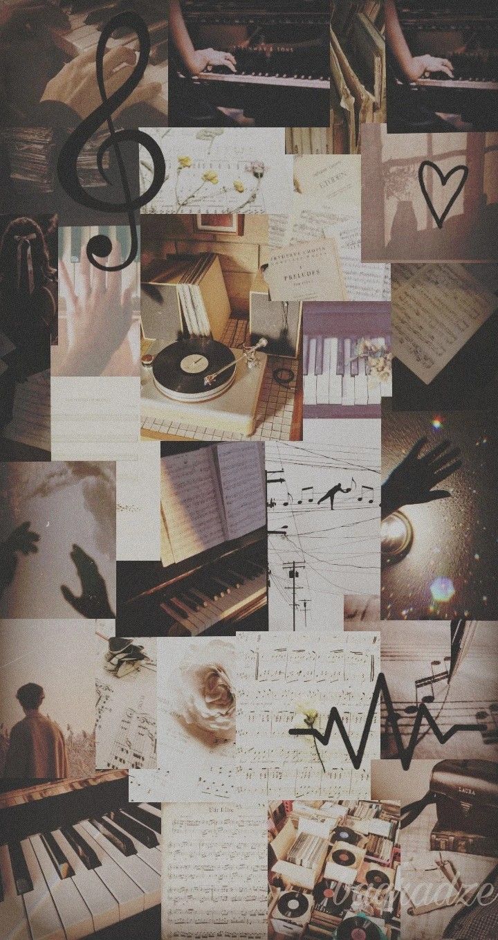 A collage of pictures with music notes and other items - Piano