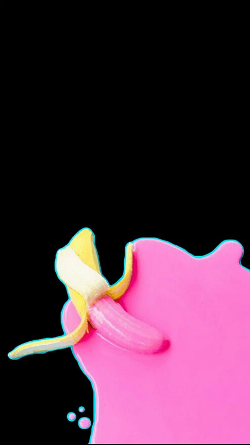 A banana in a pink liquid on a black background - Banana