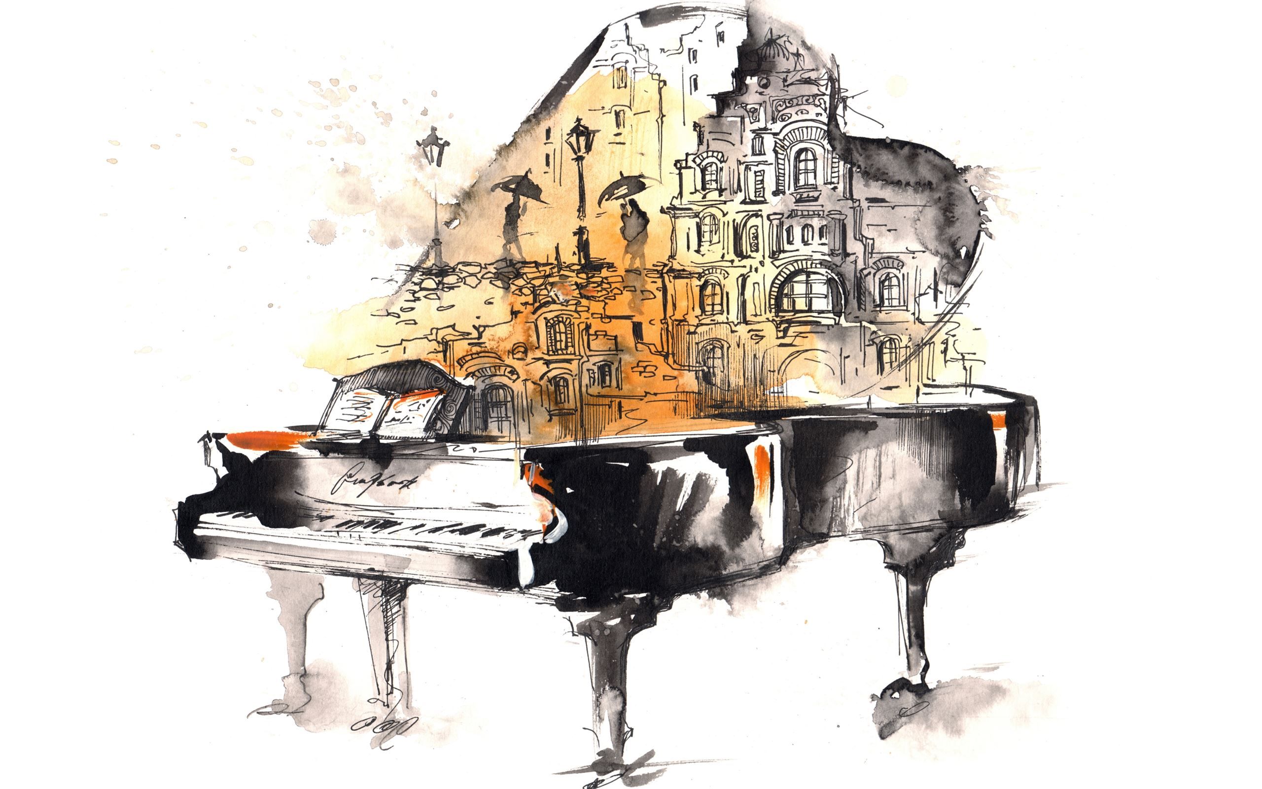 An illustration of a piano with a cityscape inside it - Piano