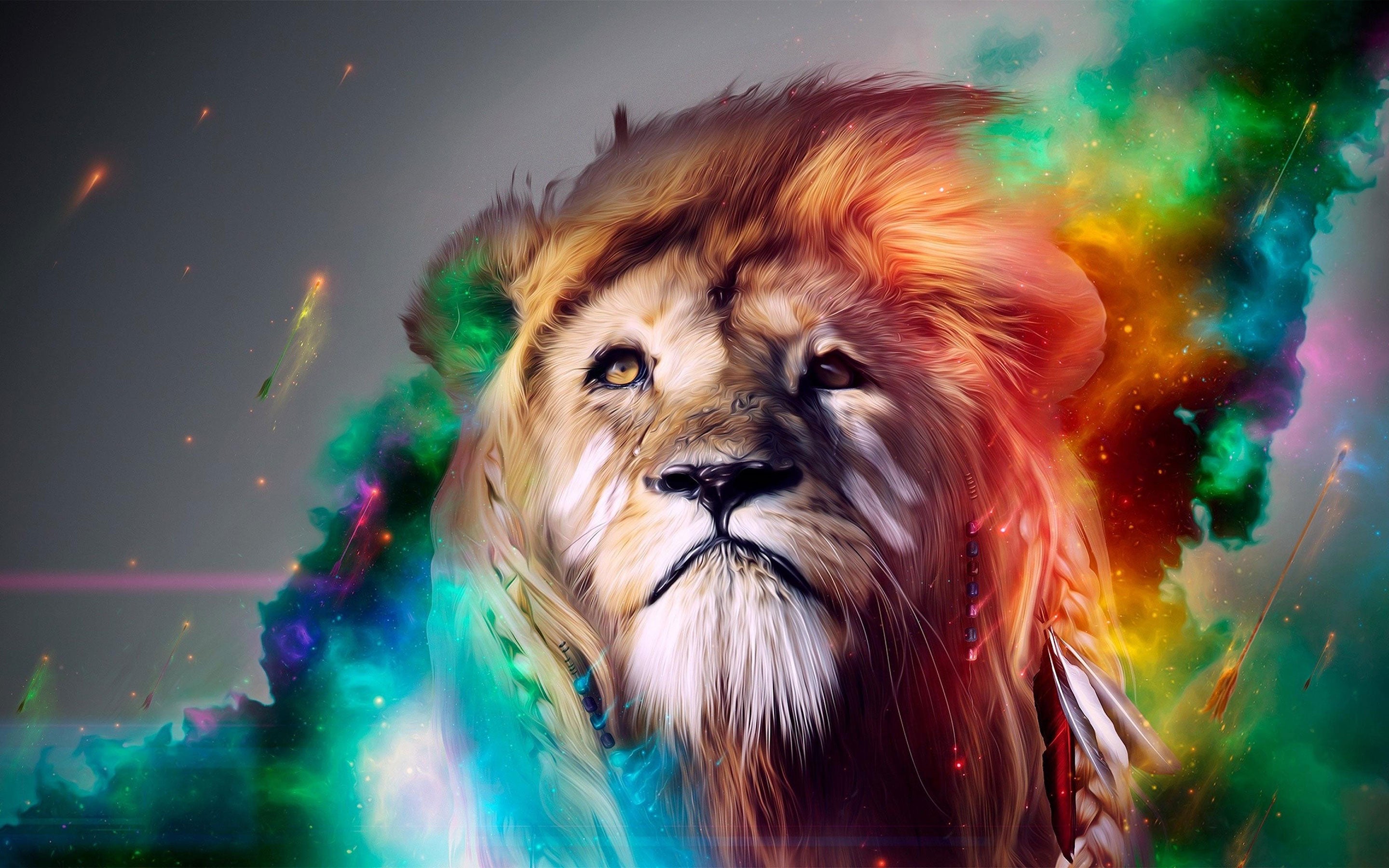 A lion with a colorful mane and smoke - Lion