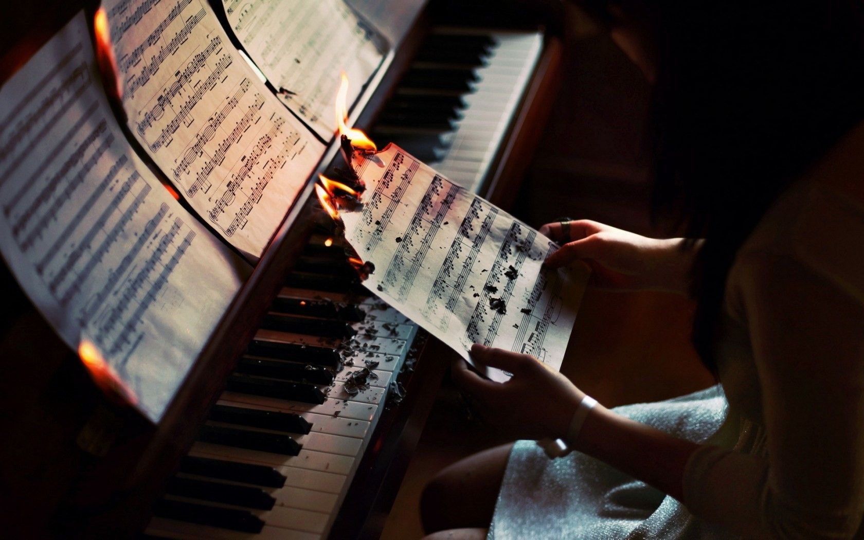 piano, music, burning, fire, women, musical notes Gallery HD Wallpaper