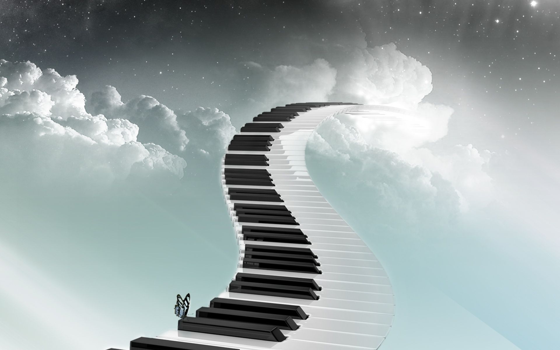 A man on a bicycle rides up a spiral staircase that is a piano keyboard. - Piano