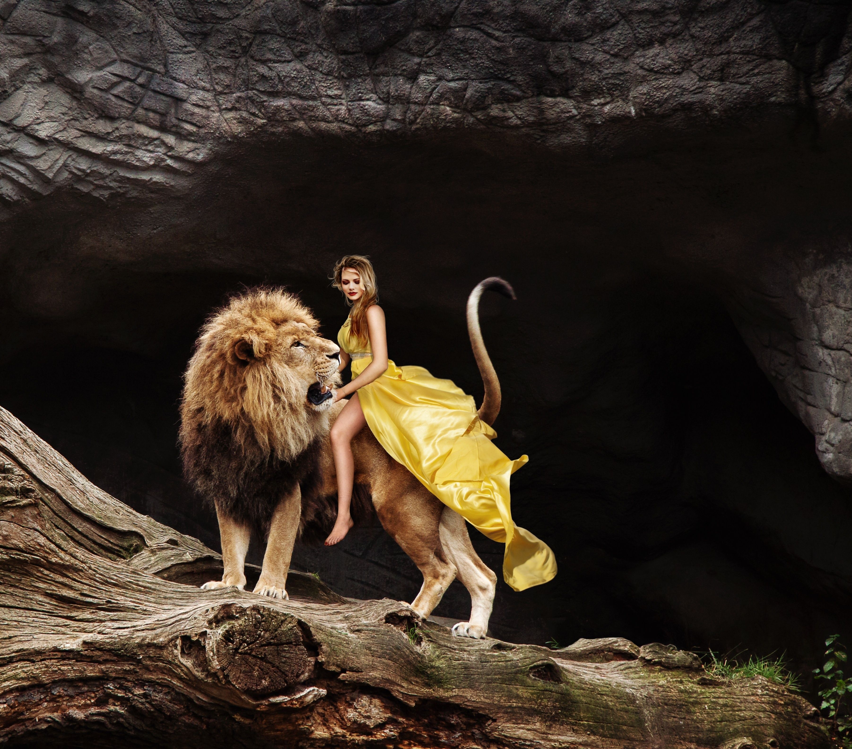 A woman in a yellow dress sits on a lion's back in a cave. - Lion