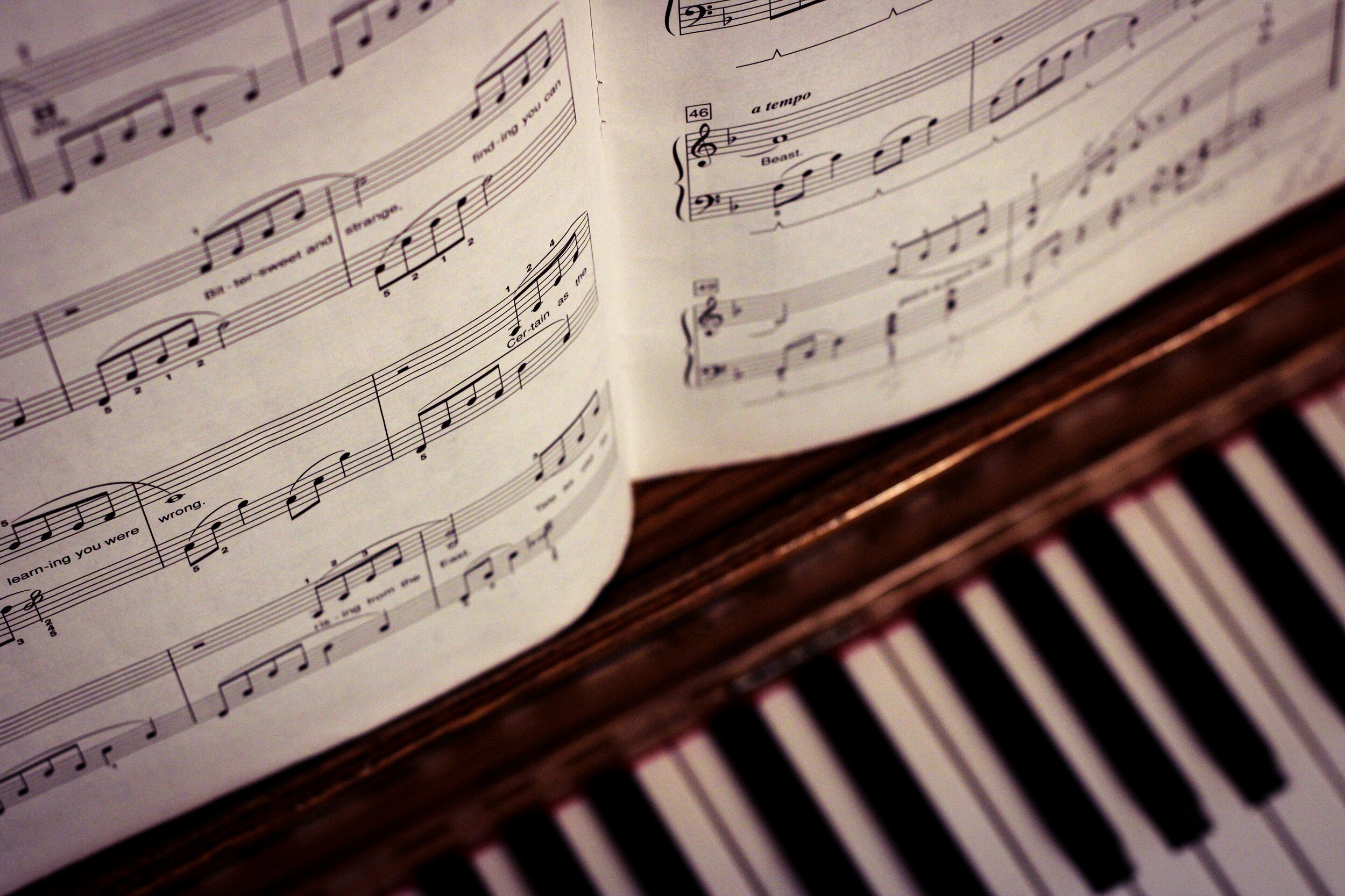 Sheet music for piano with notes on the keys. - Piano