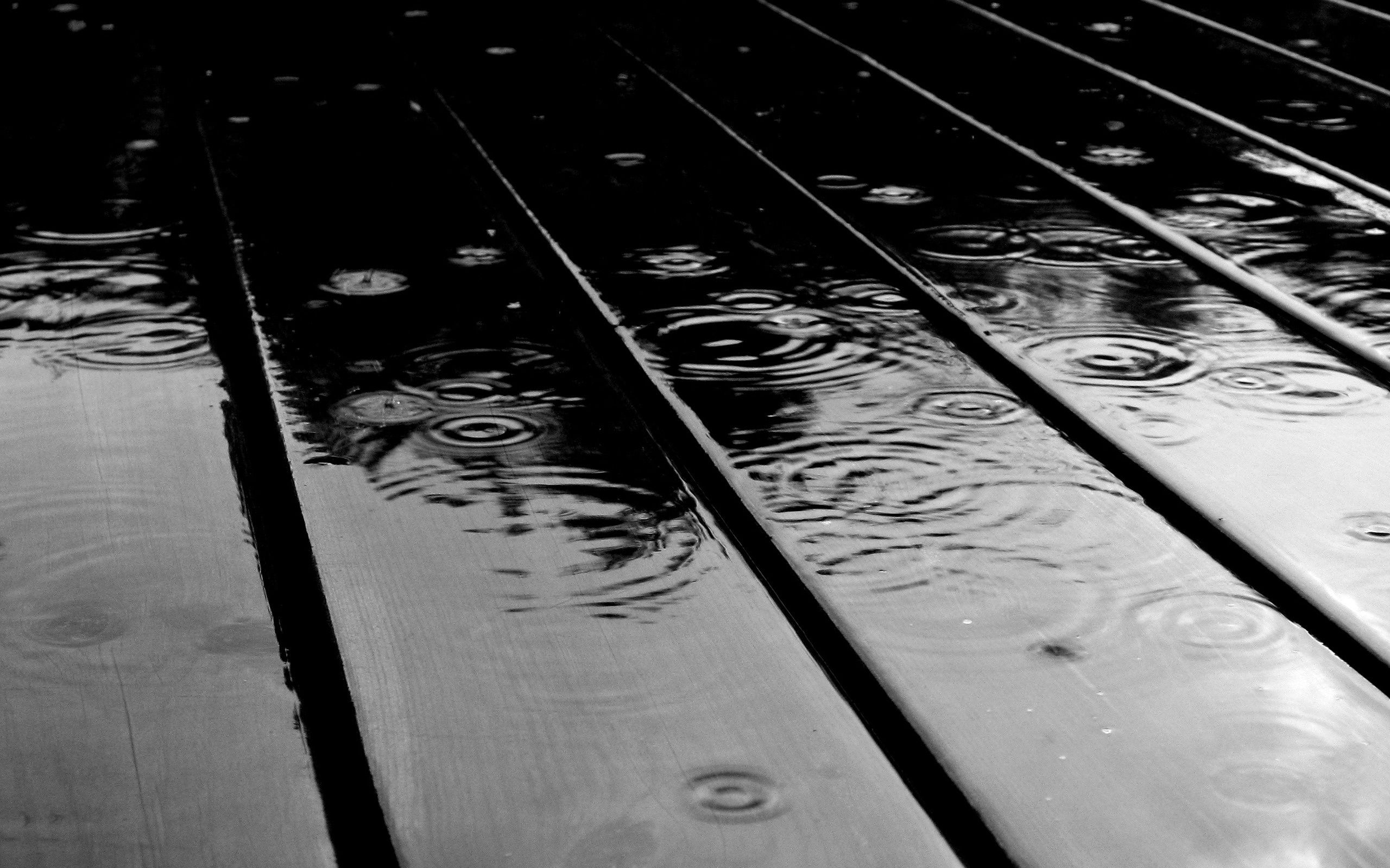 A black and white photo of rain drops on wood - Black and white, rain, photography