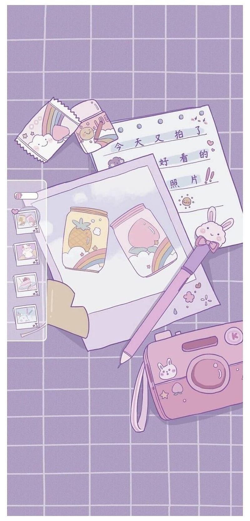 Aesthetic phone background with a camera, polaroid pictures, and a note pad - Cute purple, illustration, kawaii, milk, school