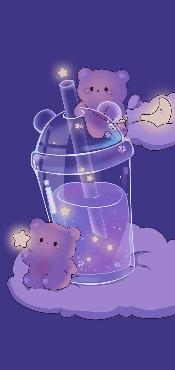 IPhone wallpaper of a purple bear sitting on a purple cloud with a purple drink - Cute purple