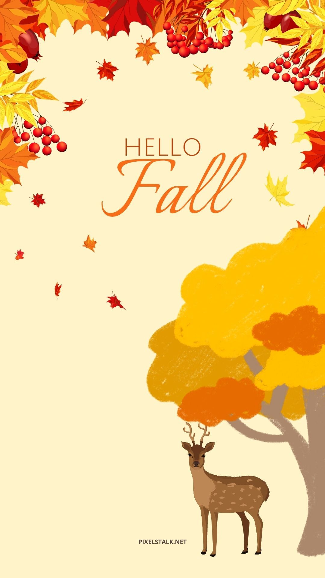 A Hello Fall card with a deer standing under a tree with colorful leaves - Fall