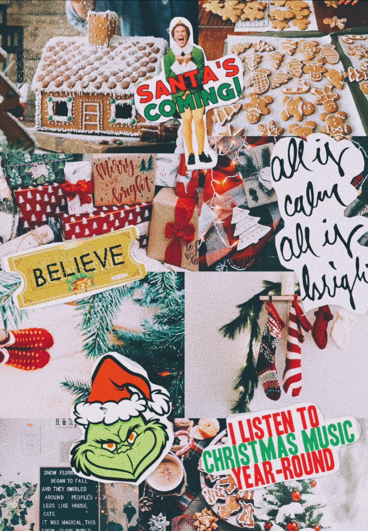 A collage of Christmas themed images including a gingerbread house, socks, and a sign that says 