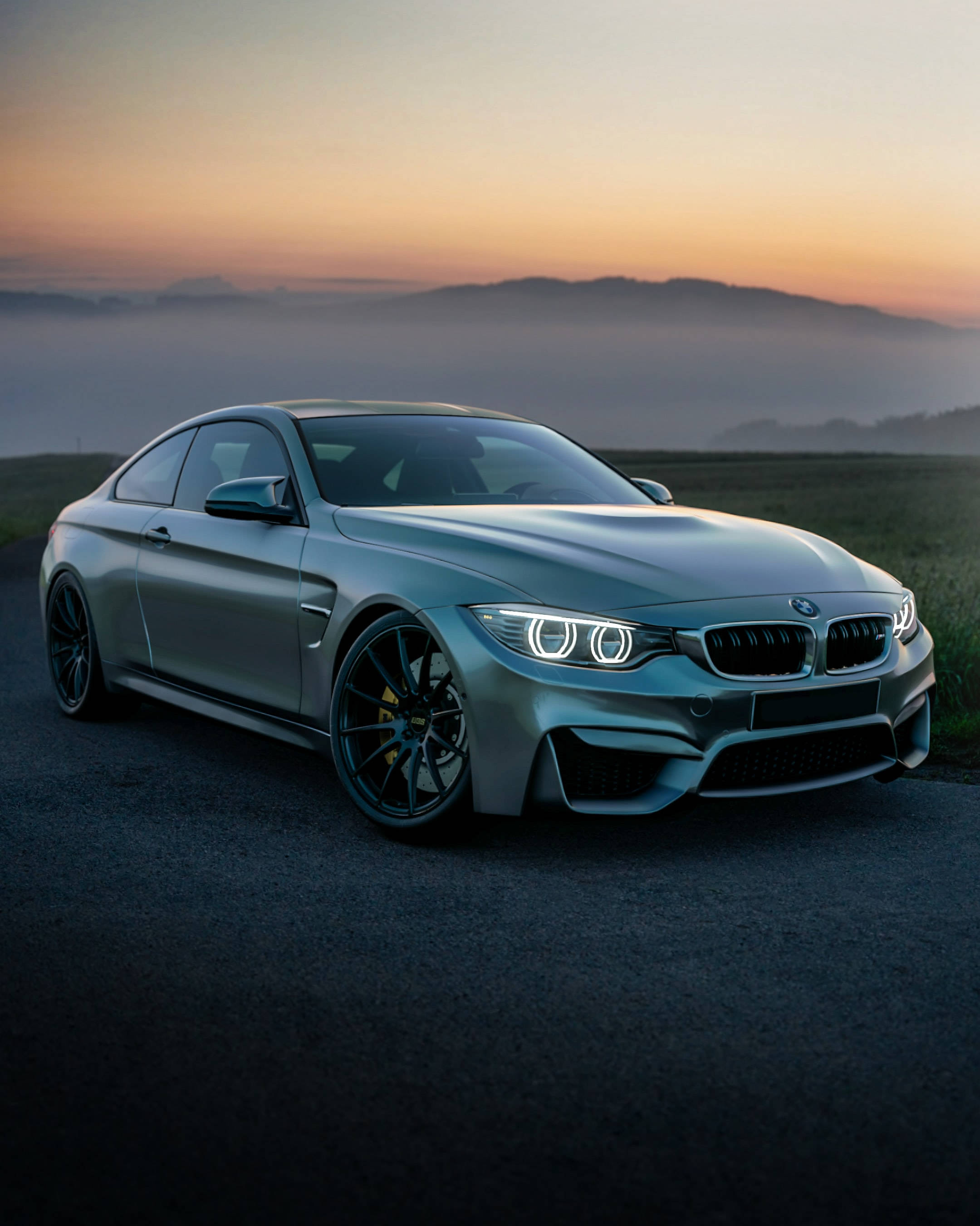 A grey BMW M4 sits on a road with a mountain range in the background - BMW