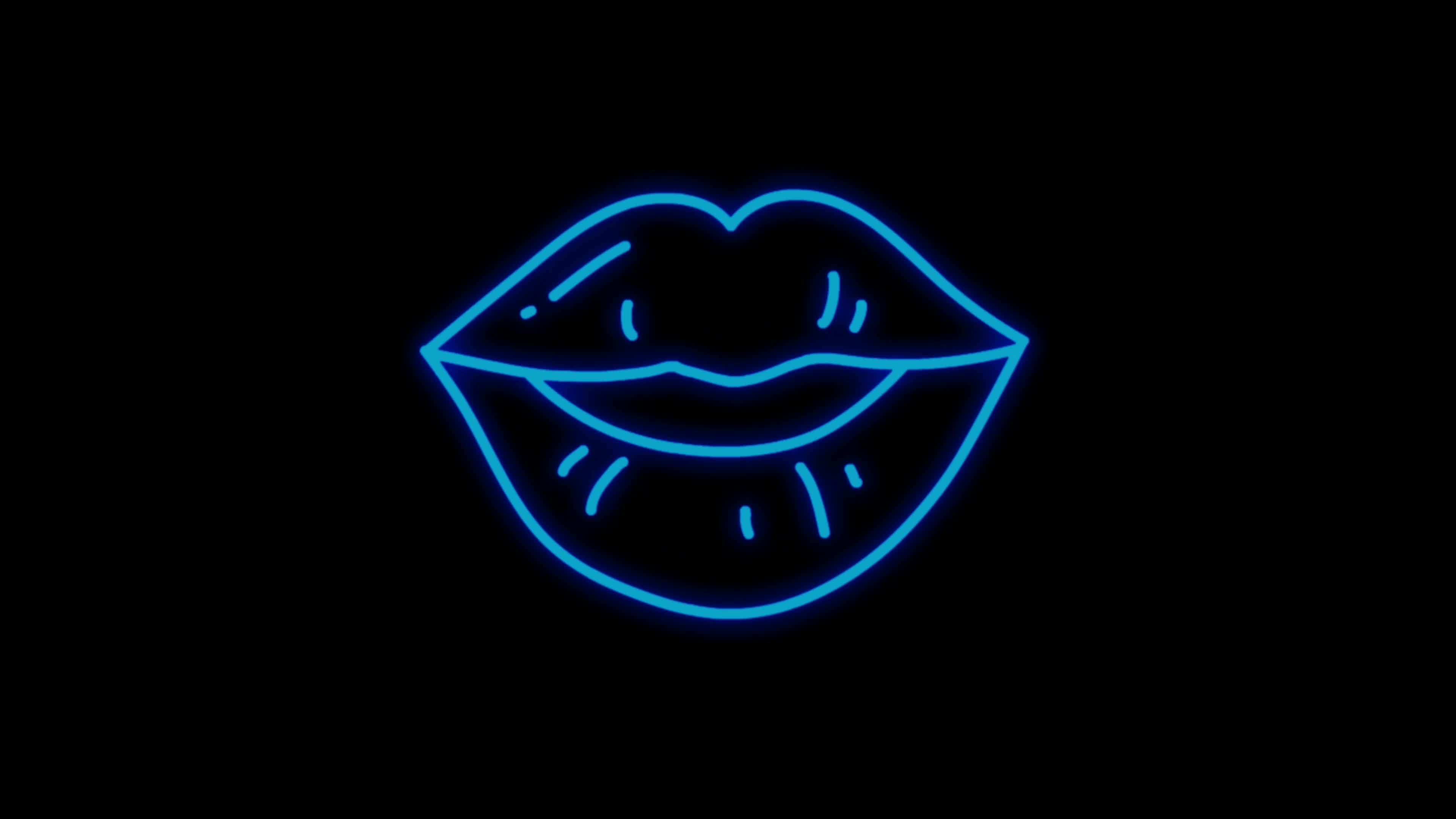 A blue neon sign of a mouth with lips slightly parted and tongue out - Neon blue