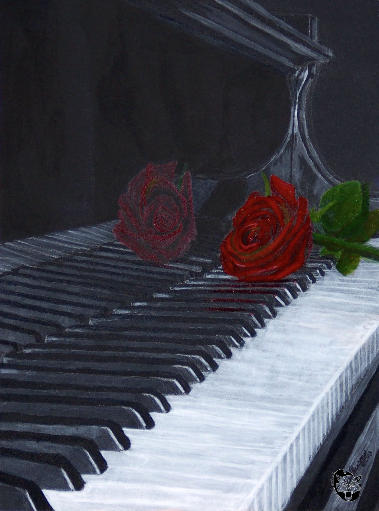 A painting of a red rose sitting on top of a piano. - Piano