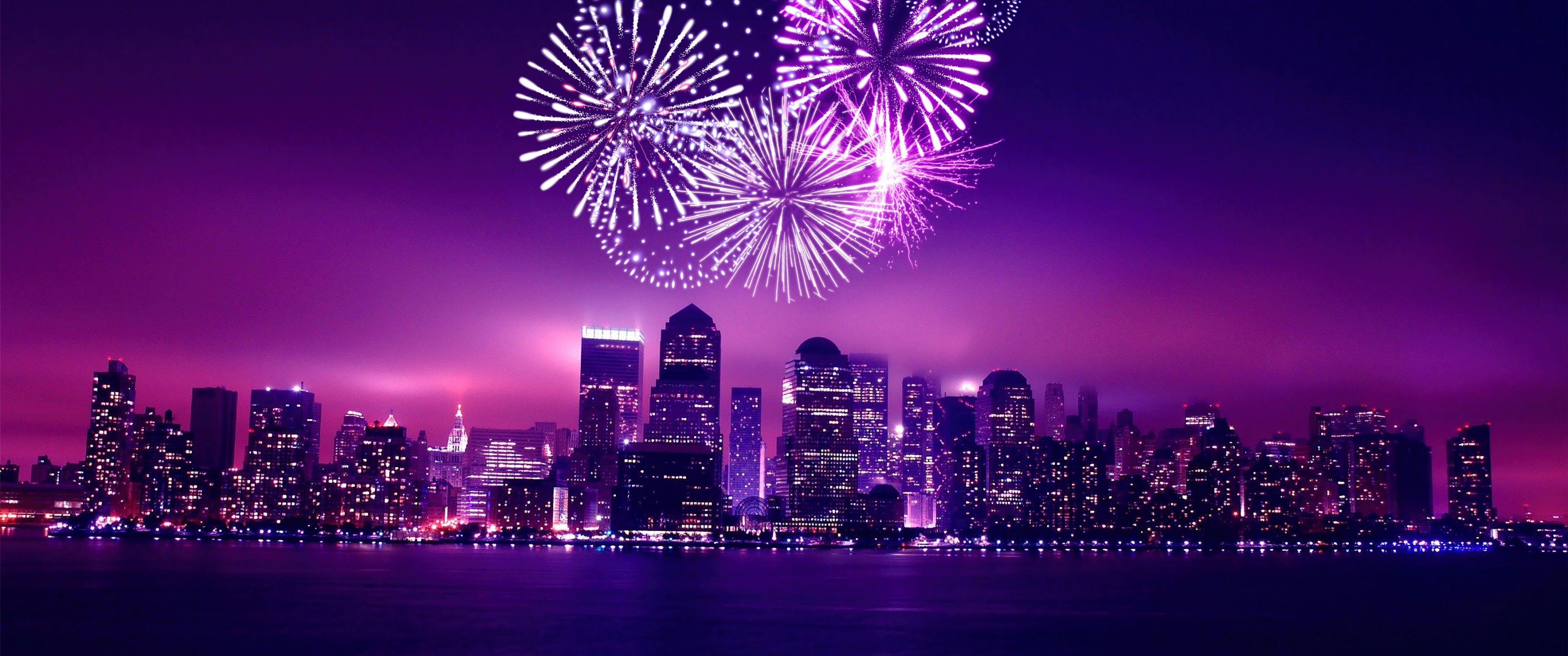 A purple city skyline with fireworks in the background - 3440x1440, Chicago