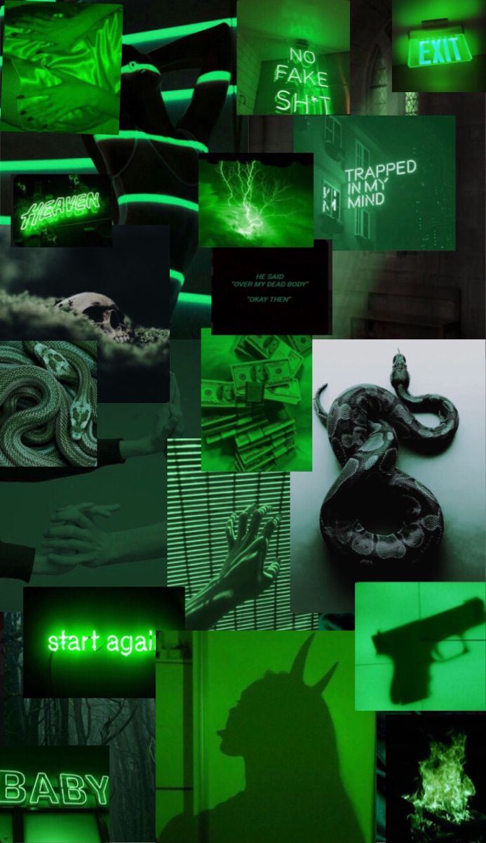 A collage of green images with text - Dark green