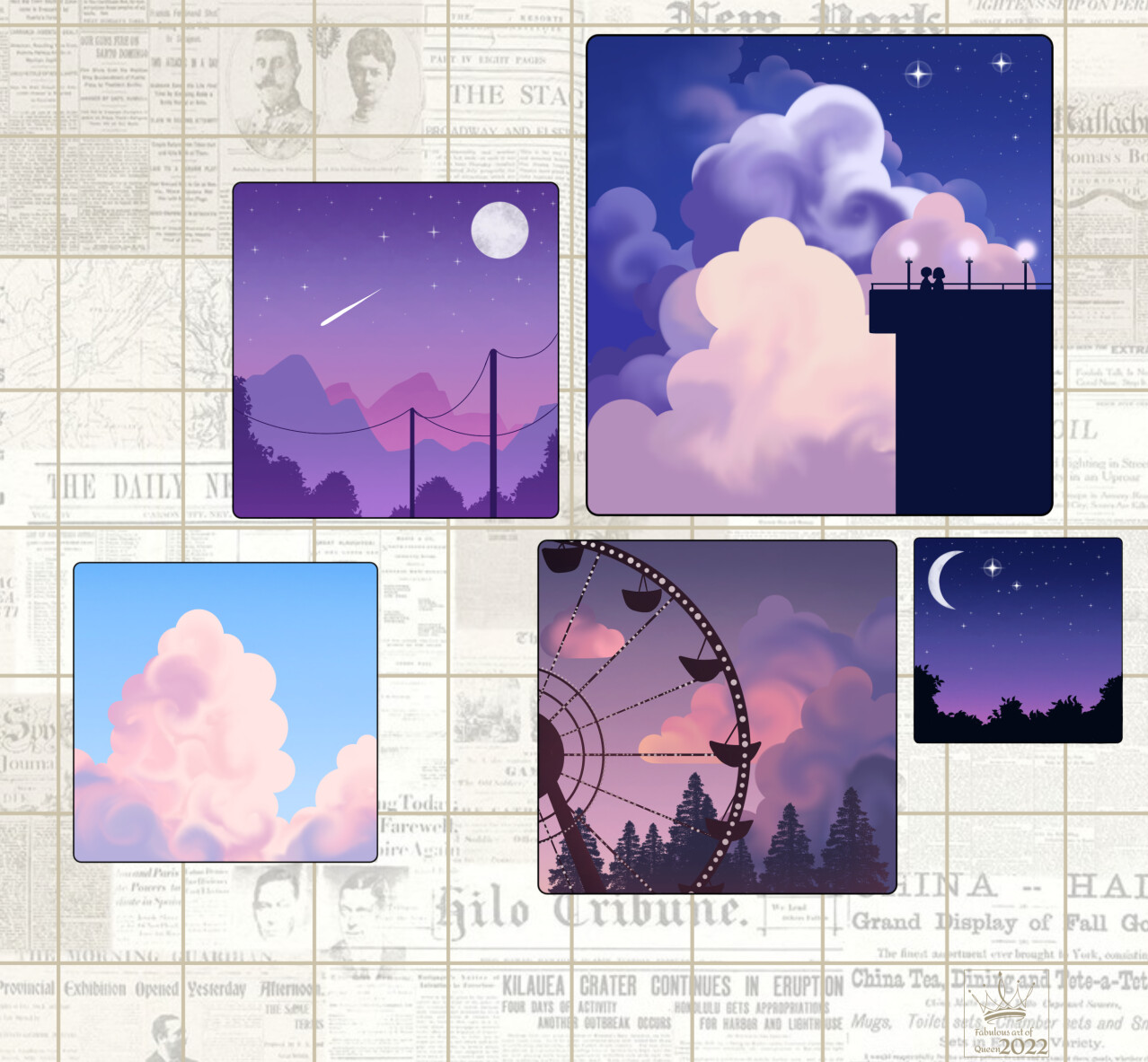 A collage of four different illustrations of a purple and blue sky with clouds and trees below. - Broadway