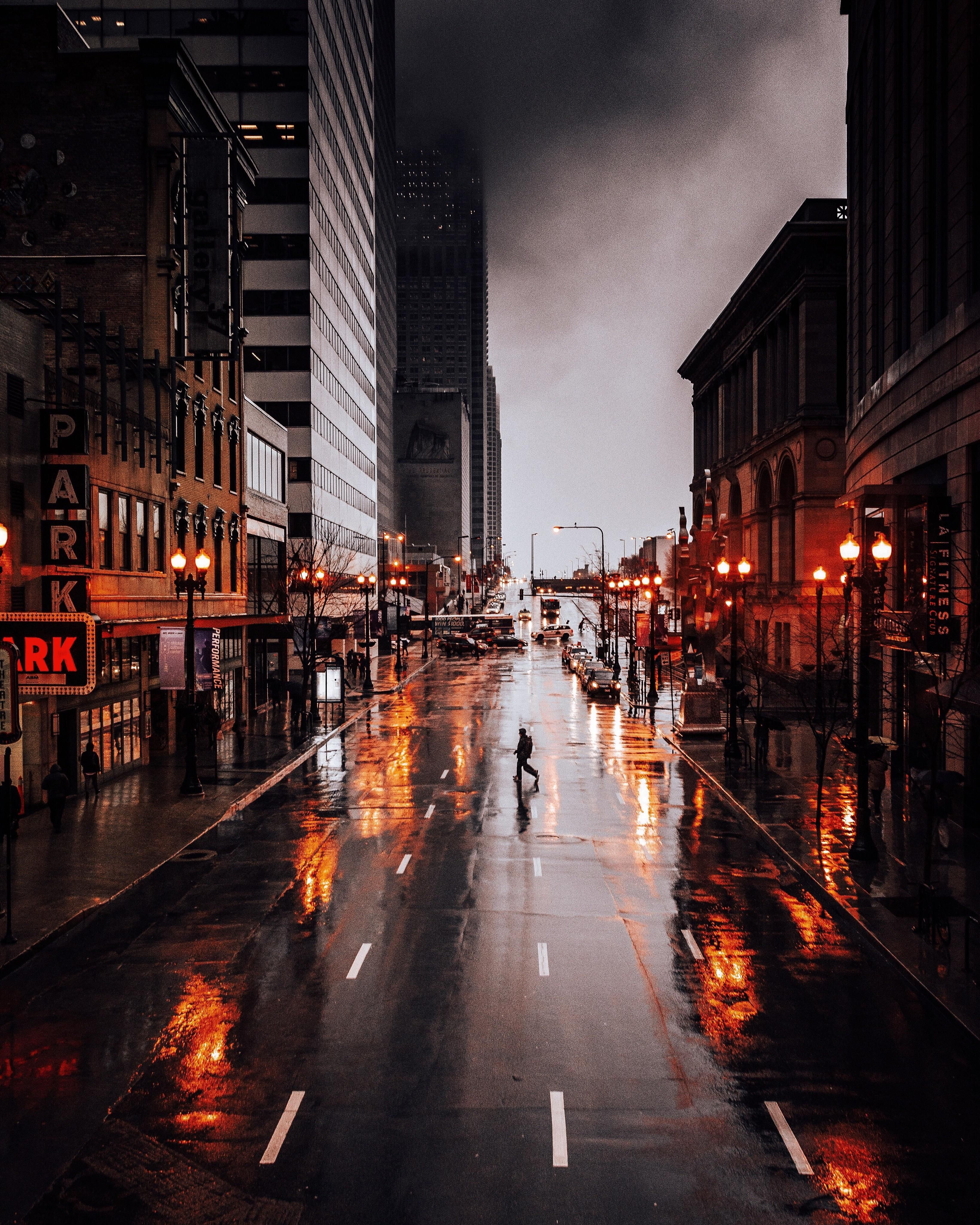 A street in the city is wet from rain. - Chicago