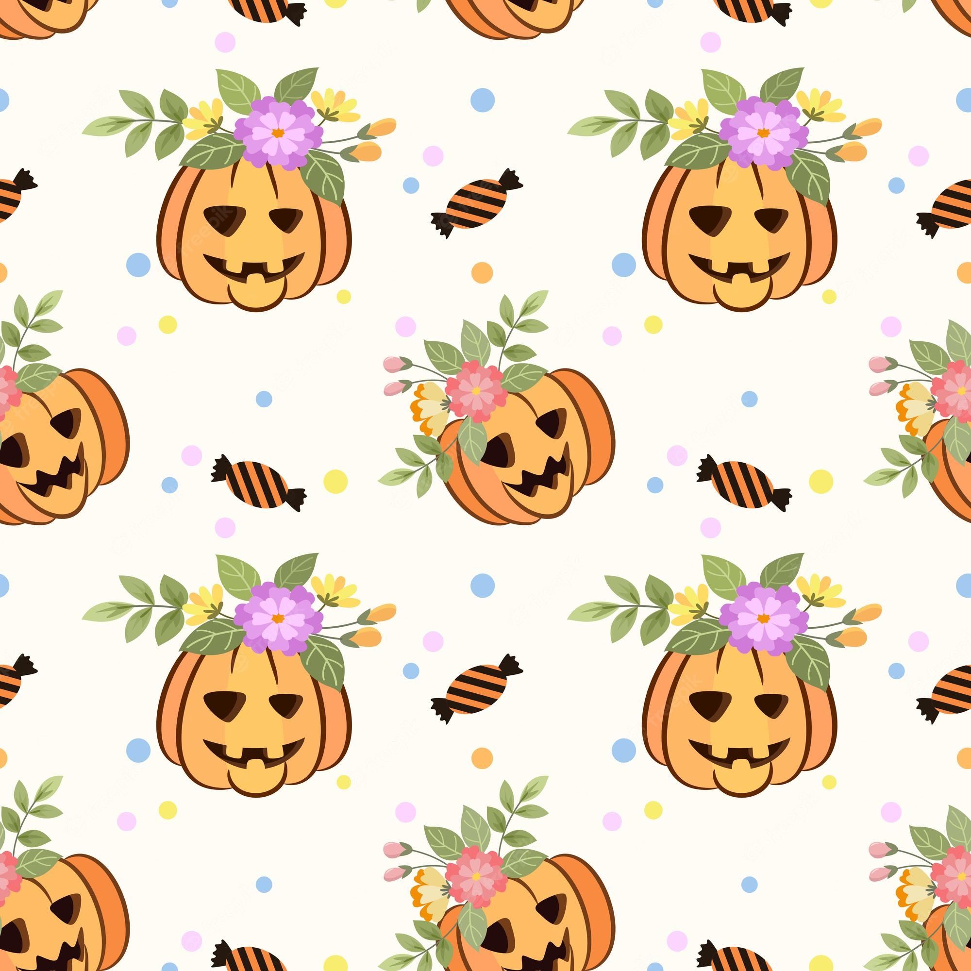 Halloween seamless pattern with pumpkins and flowers on a white background. - Cute Halloween
