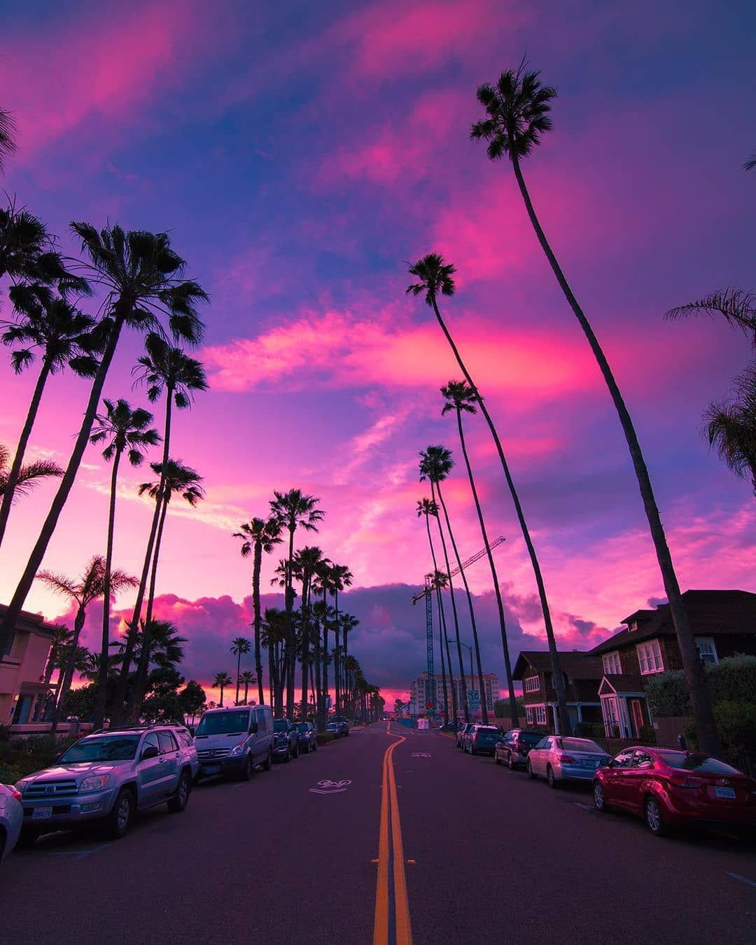 A pink and purple sunset over a palm tree lined street - Miami