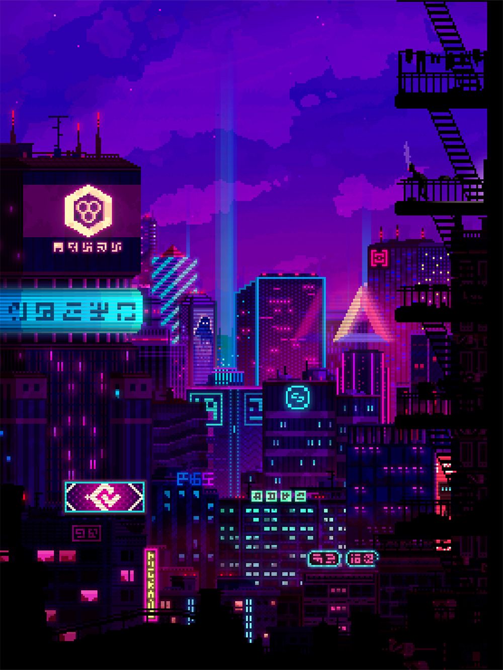 A purple and pink neon city at night - Pixel art
