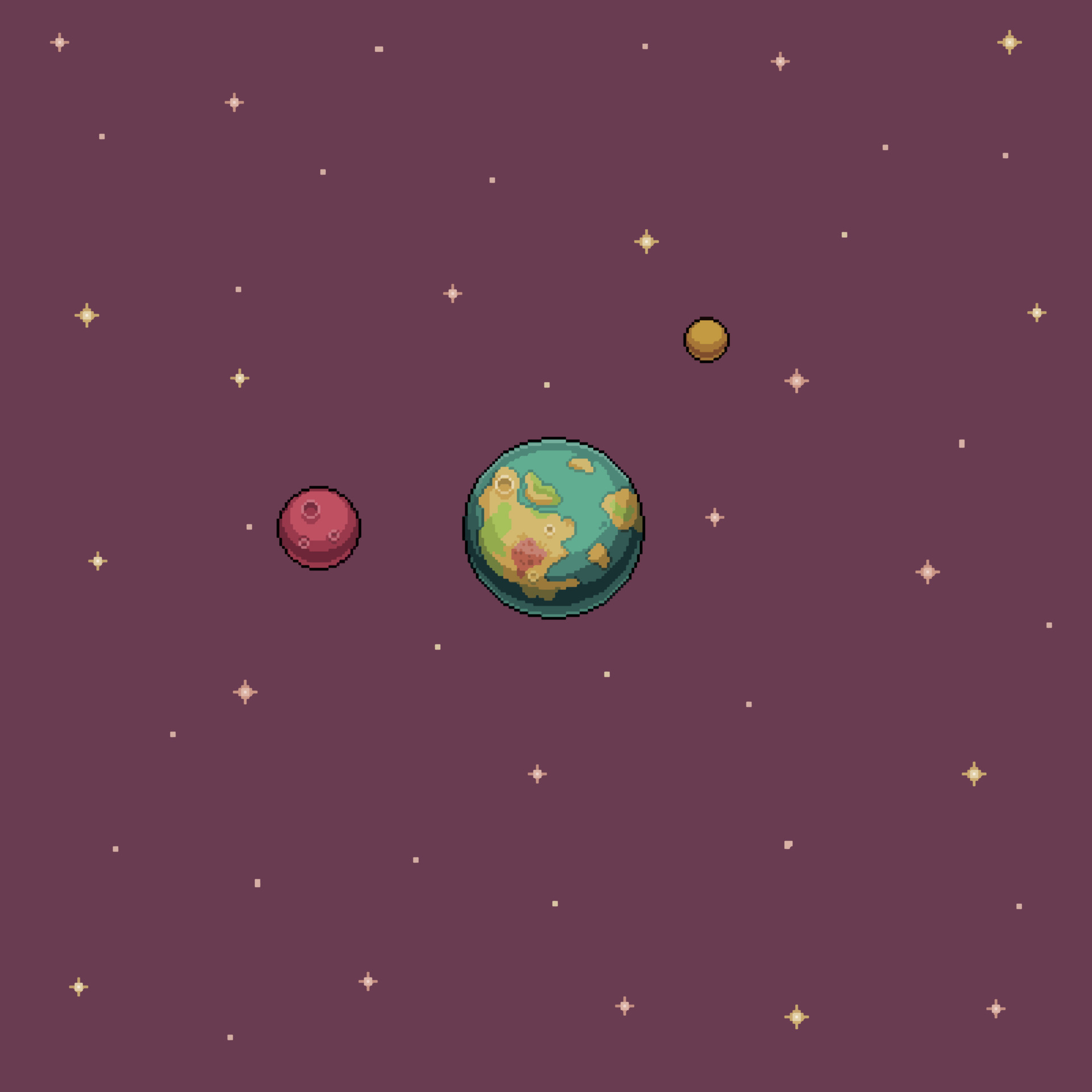 Pixel art wallpaper planet and stars in space. 8bit game background