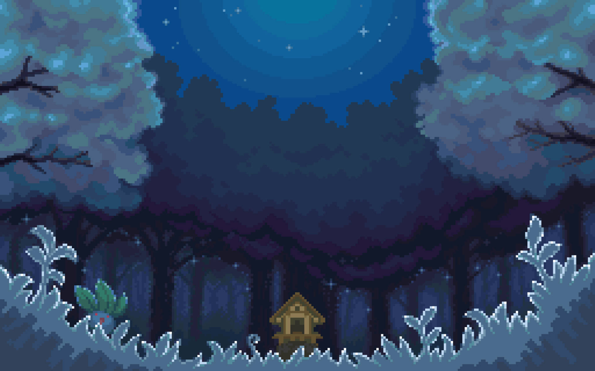 Pixel art image of a dark forest at night - Pixel art