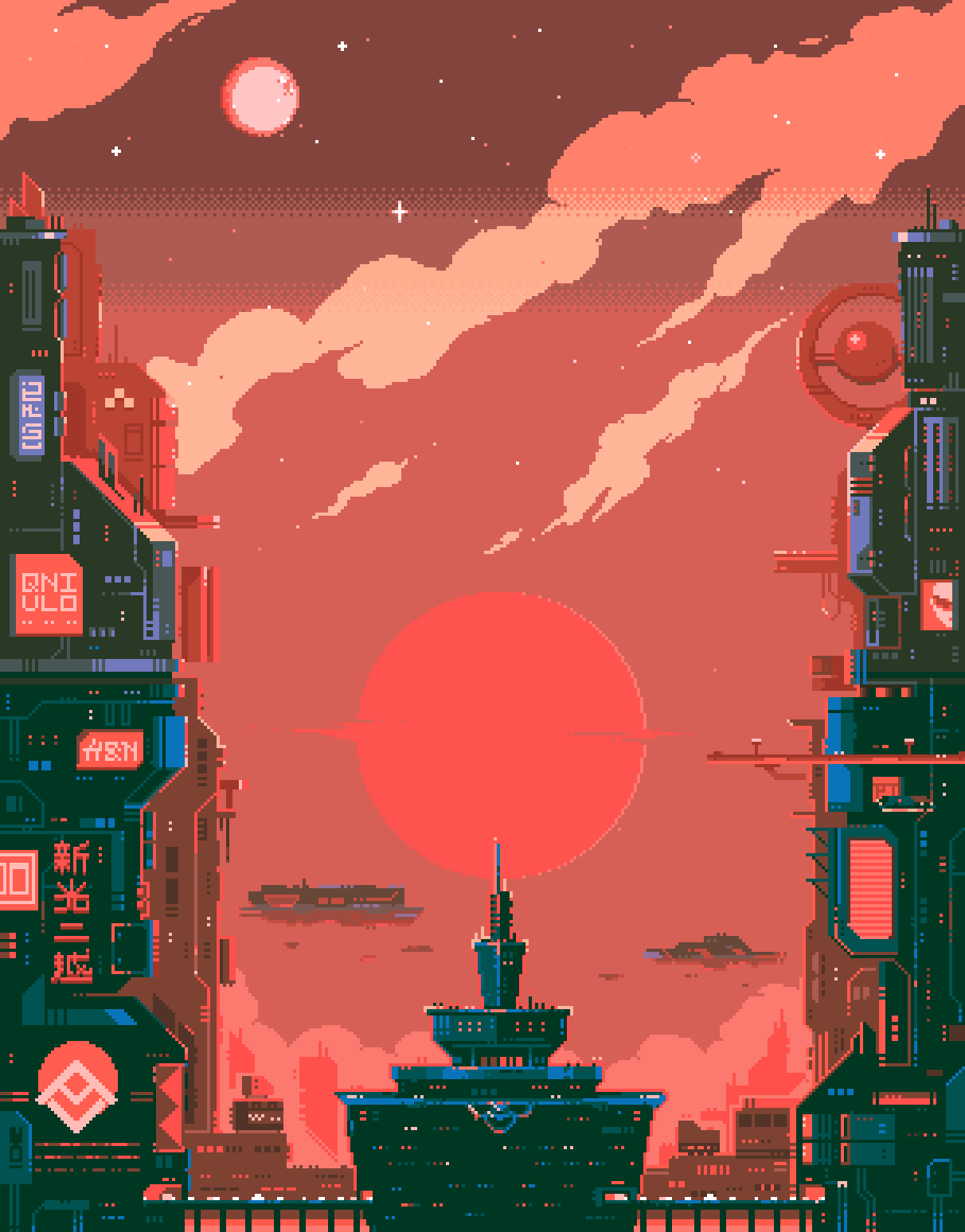 A city with buildings and the sun setting - Pixel art