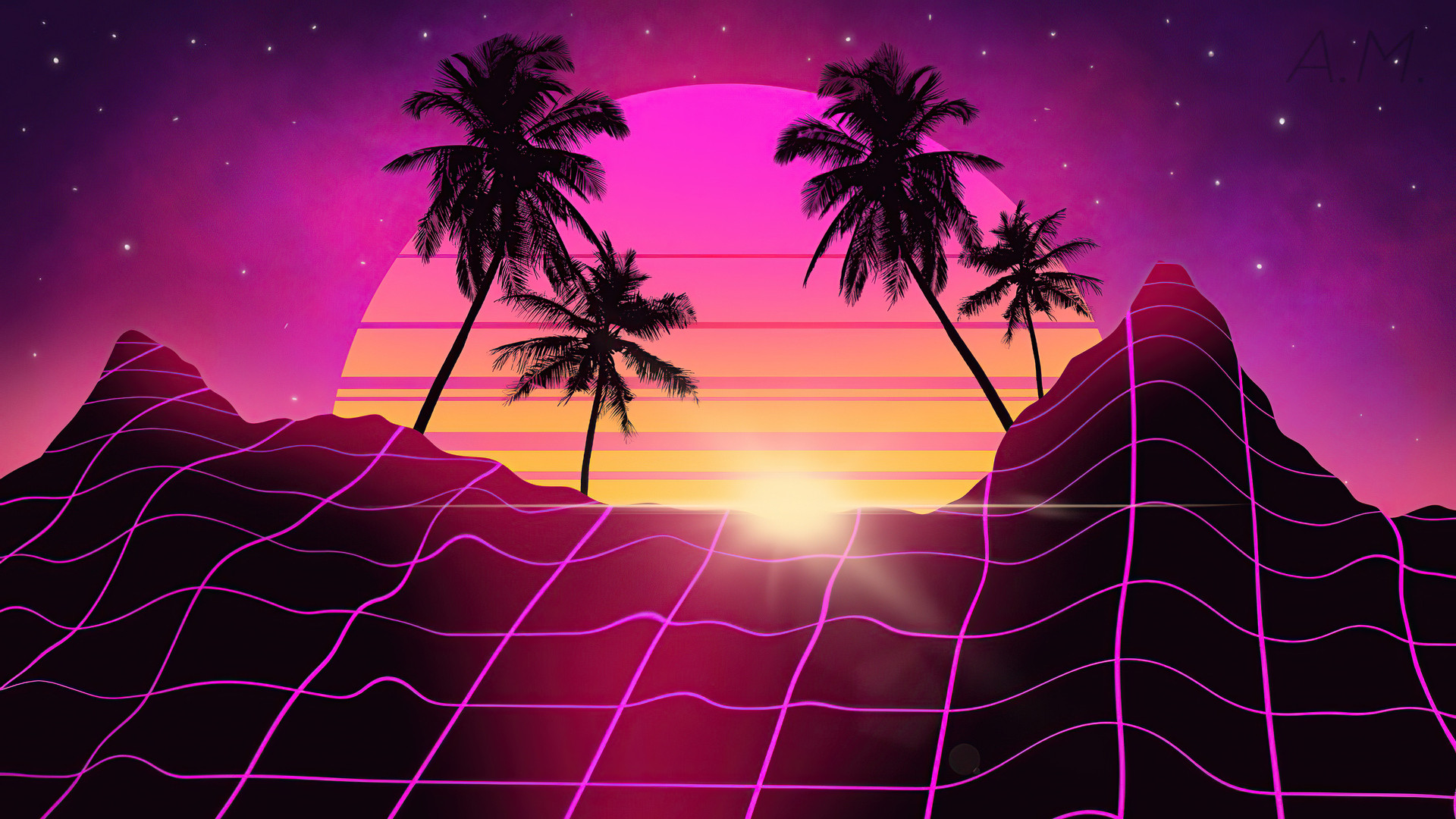 A pink and purple sunset with palm trees and mountains - Miami