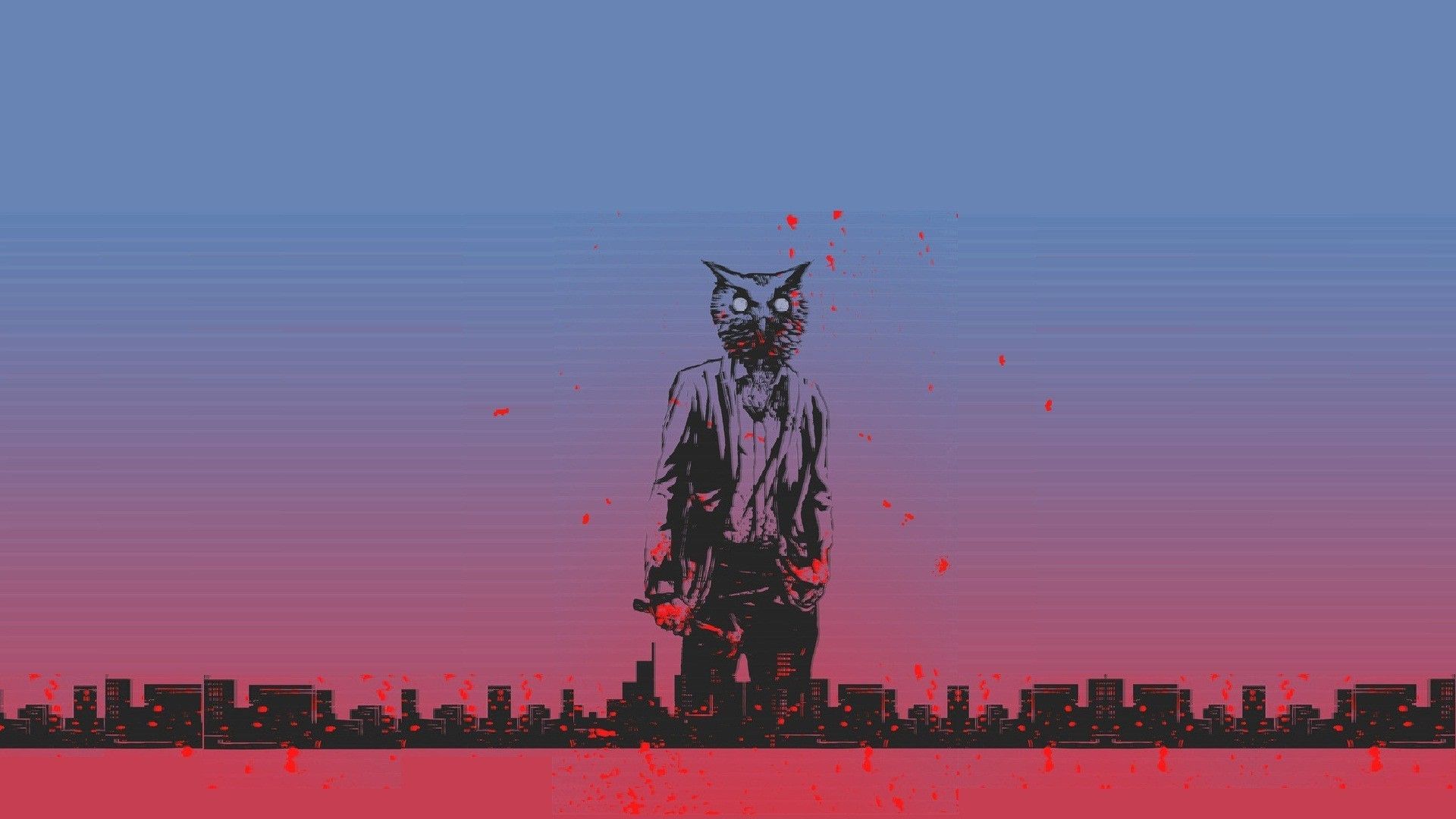 A man with a cat's head and a knife stands in front of a cityscape - Miami