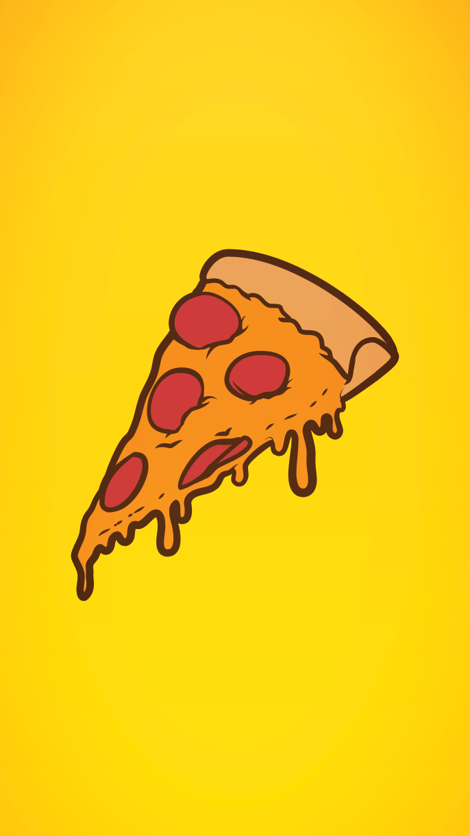 A yellow background with a slice of pepperoni pizza in the foreground. - Pizza