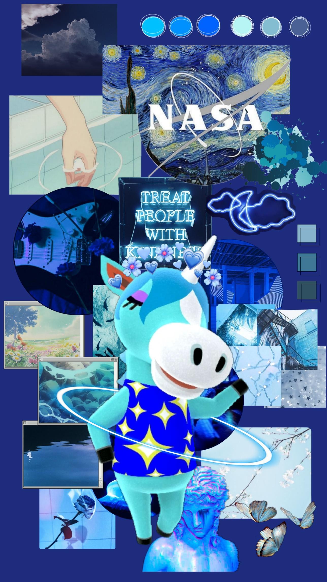 A collage of a blue unicorn, NASA, treat people with kindness, and Van Gogh's Starry Night - Animal Crossing