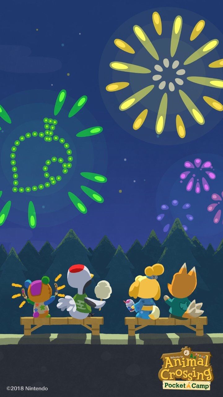 A group of people sitting on benches watching fireworks - Animal Crossing