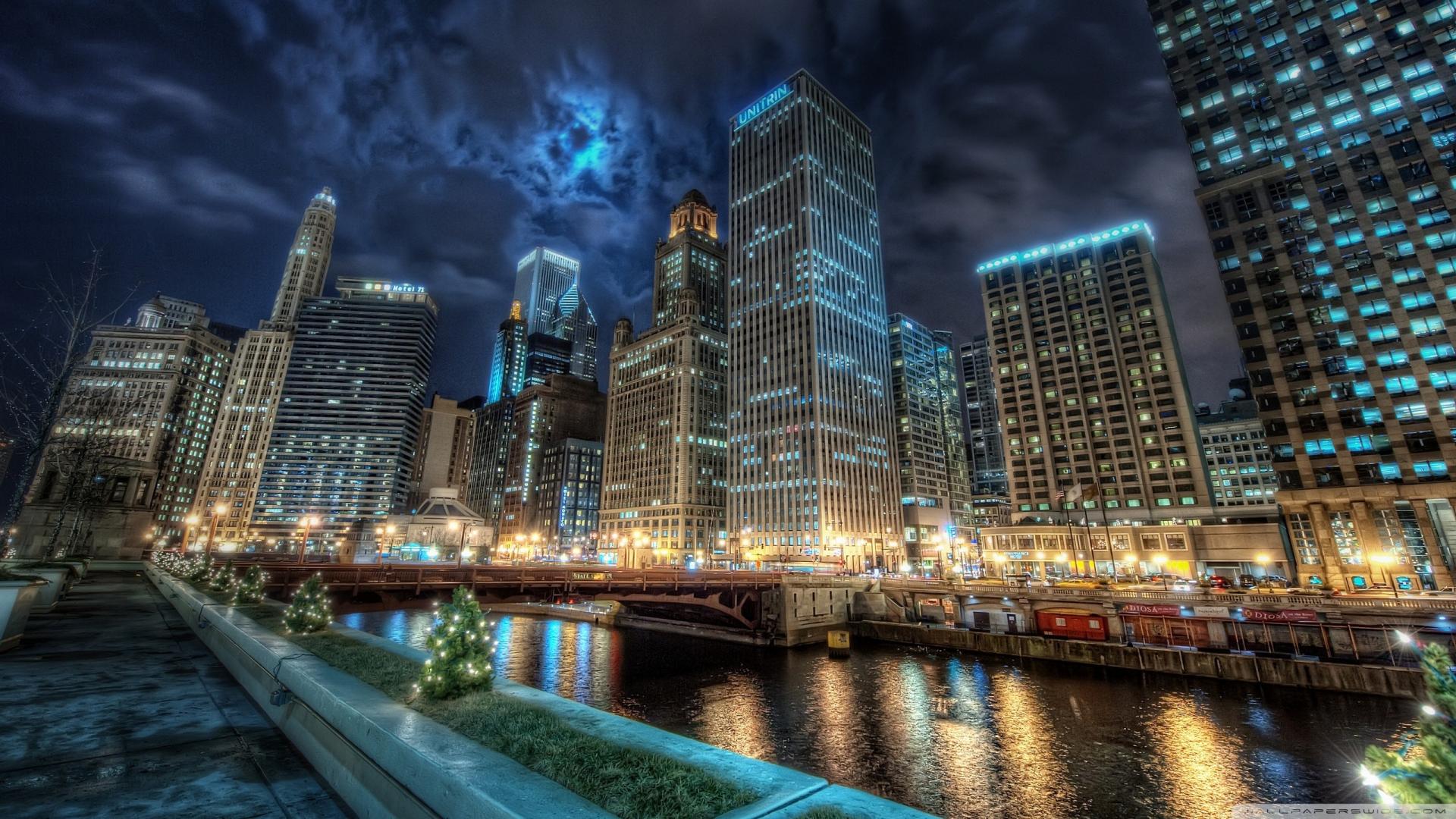 Night view of the Chicago river wallpaper - City wallpapers - #19080 - Chicago