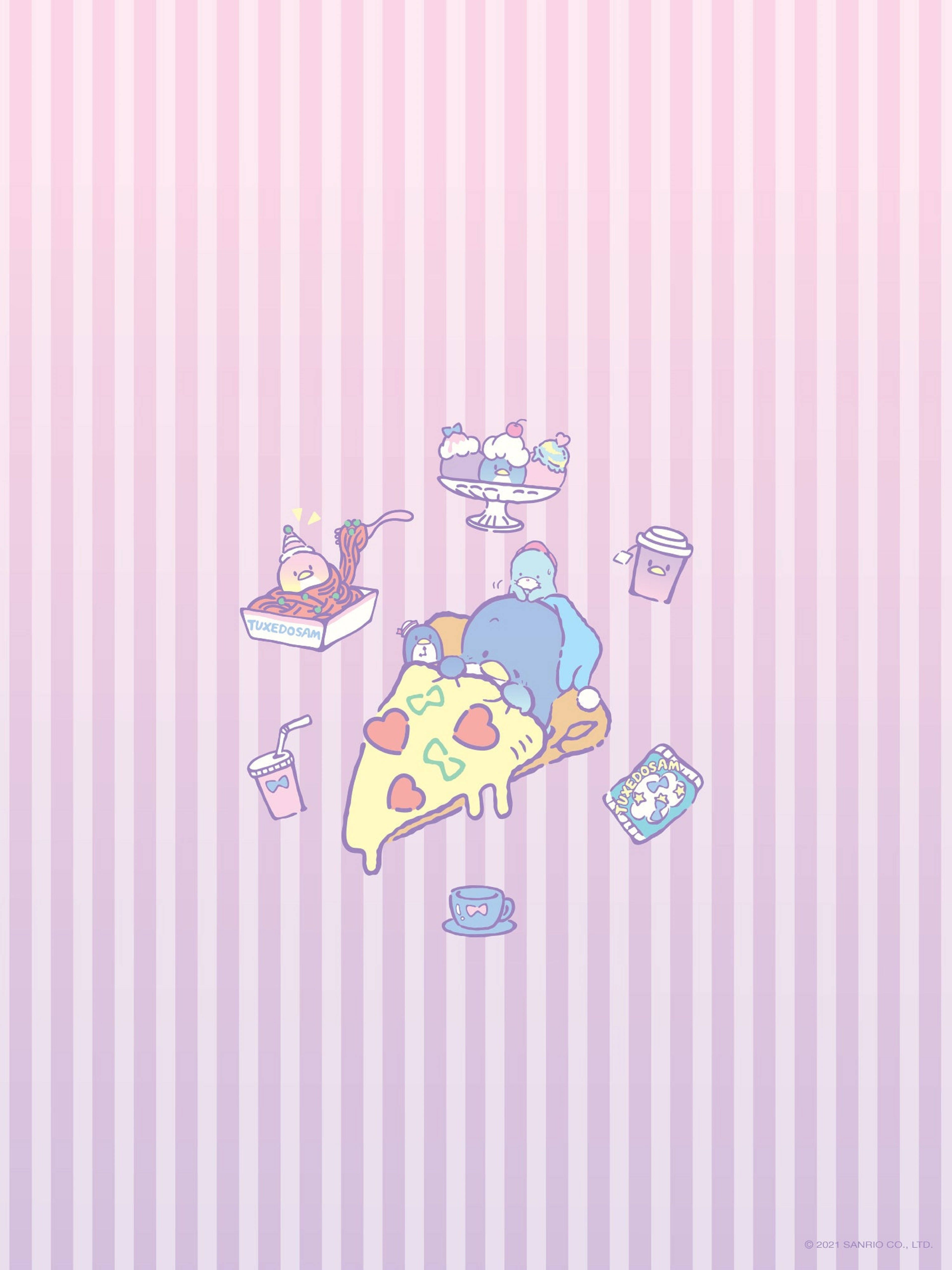 A pink and blue striped wallpaper with food on it - Pizza