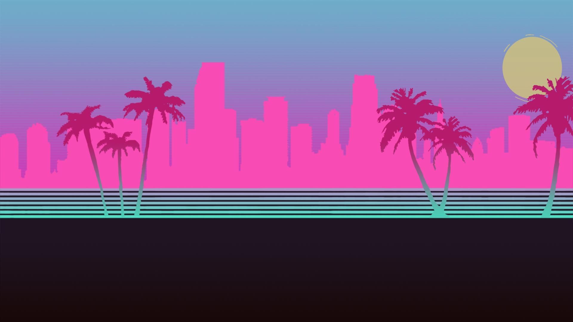 An illustration of a city with palm trees and a sun - Miami