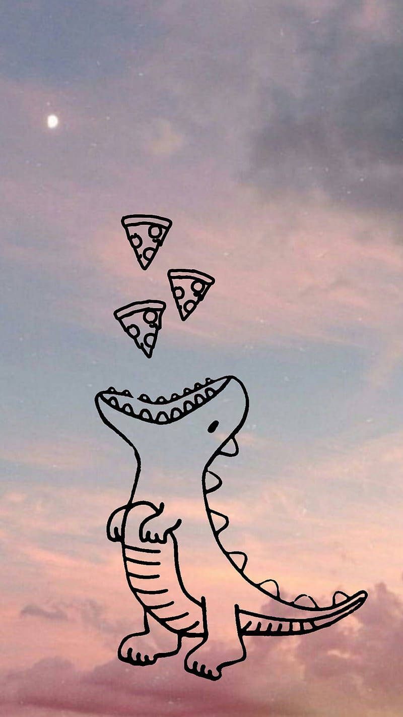 Dinosaur eating pizza slices, cute backgrounds, drawing of a dinosaur, pink sky in the background - Pizza, food, dinosaur