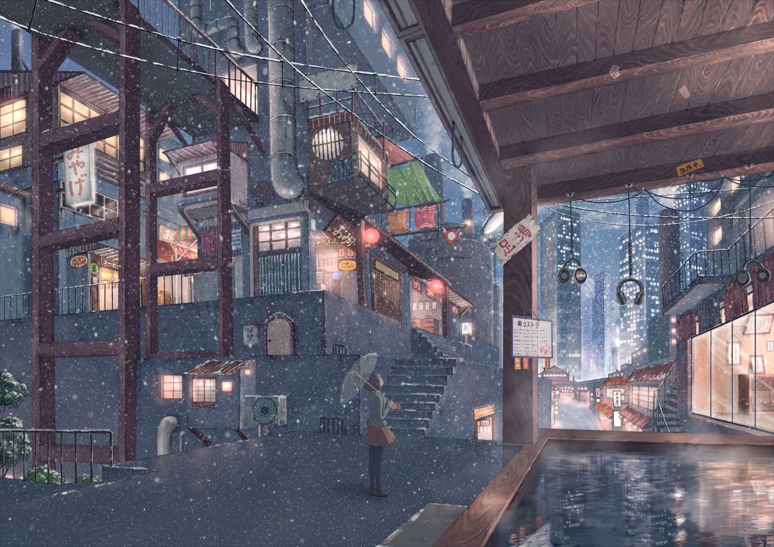 A painting of an alleyway with people walking - Anime city