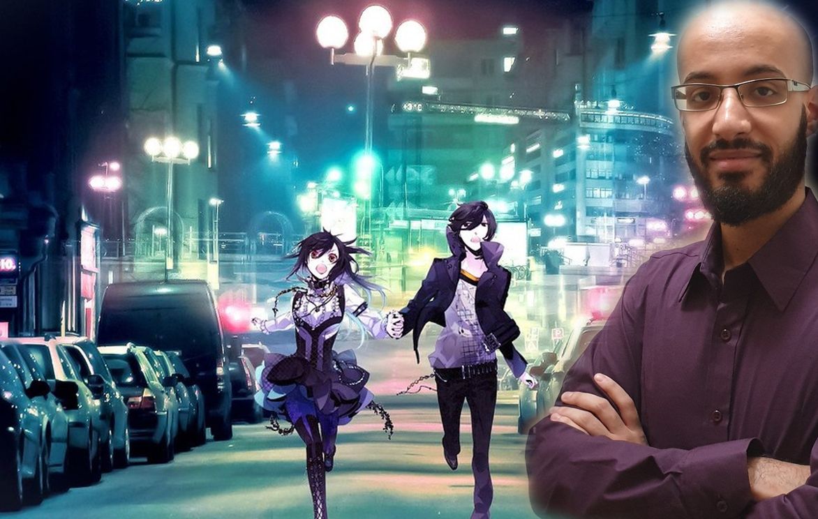 A man with glasses standing in front of two animated characters - Anime city