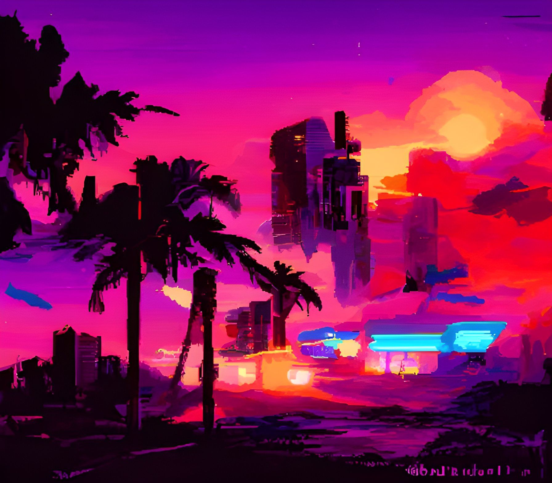 A cityscape with palm trees and neon lights - Miami