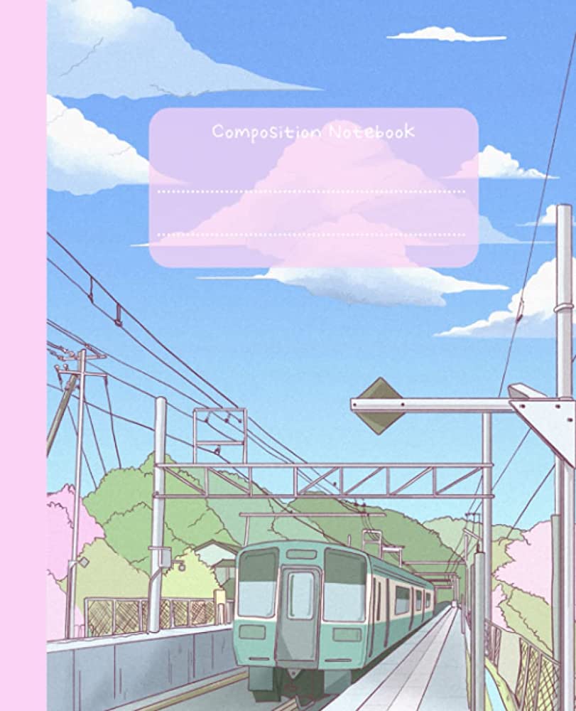 A train is on the tracks in front of some trees - Anime landscape