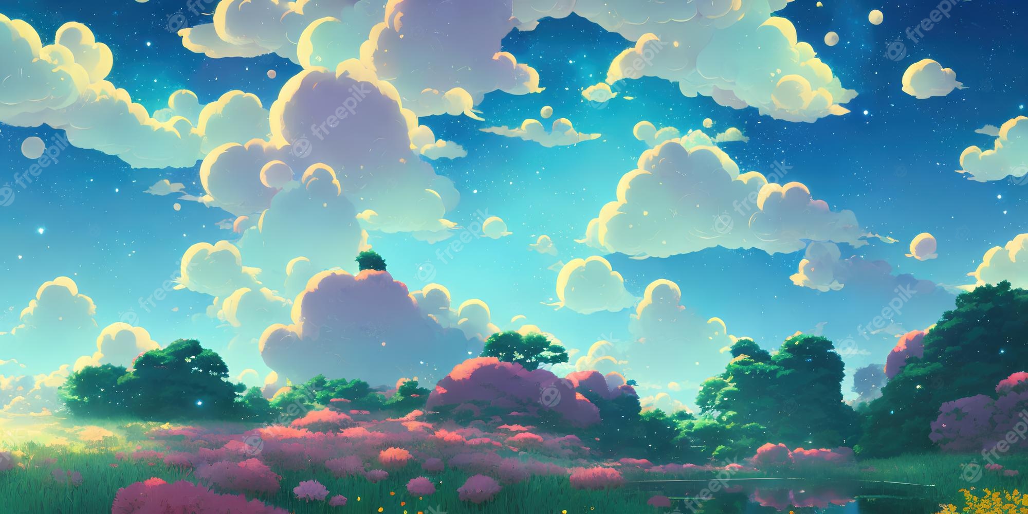 A beautiful sky with clouds and flowers - Anime landscape