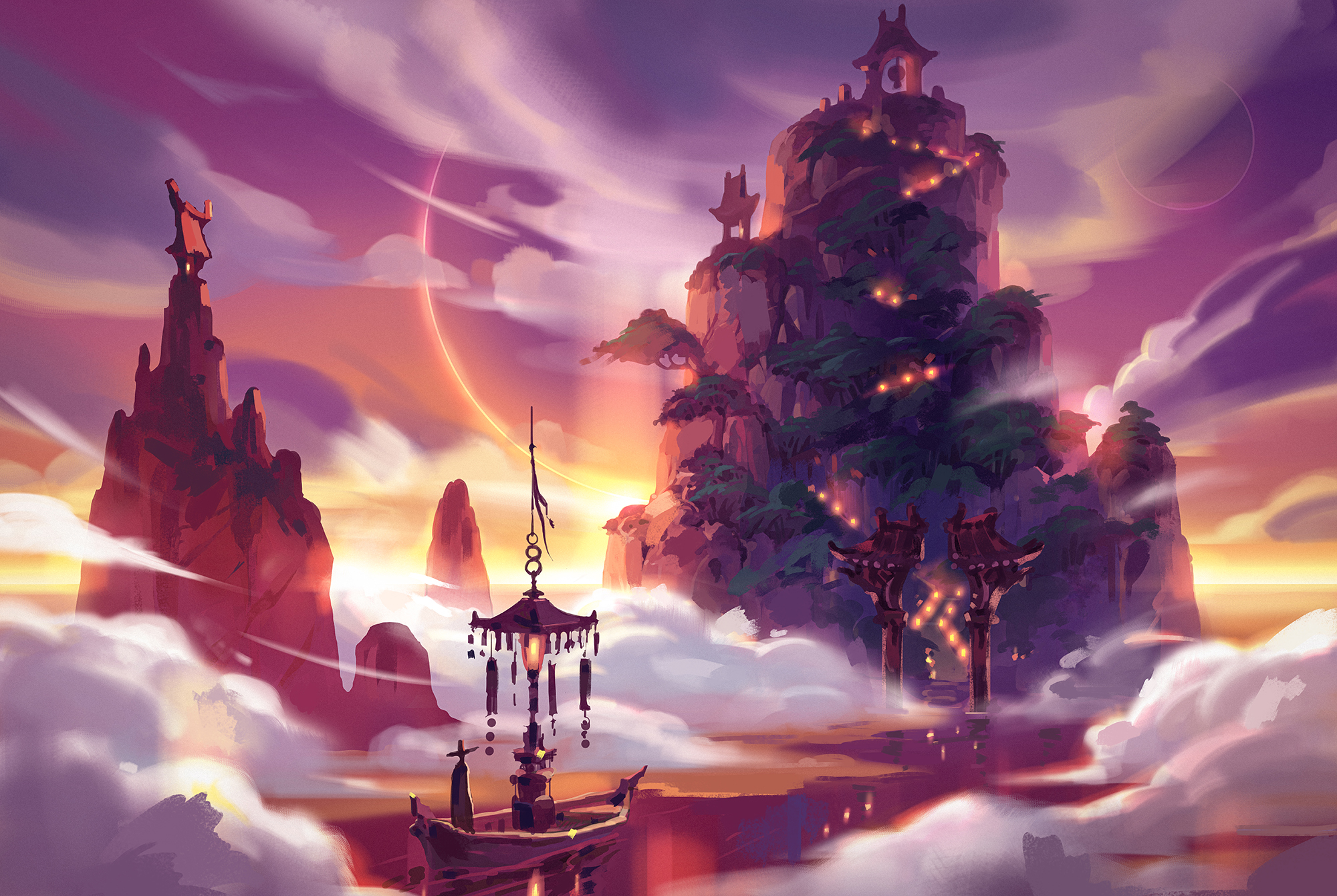 Digital painting of a fantasy scene with a boat floating in a pink sky - Anime landscape