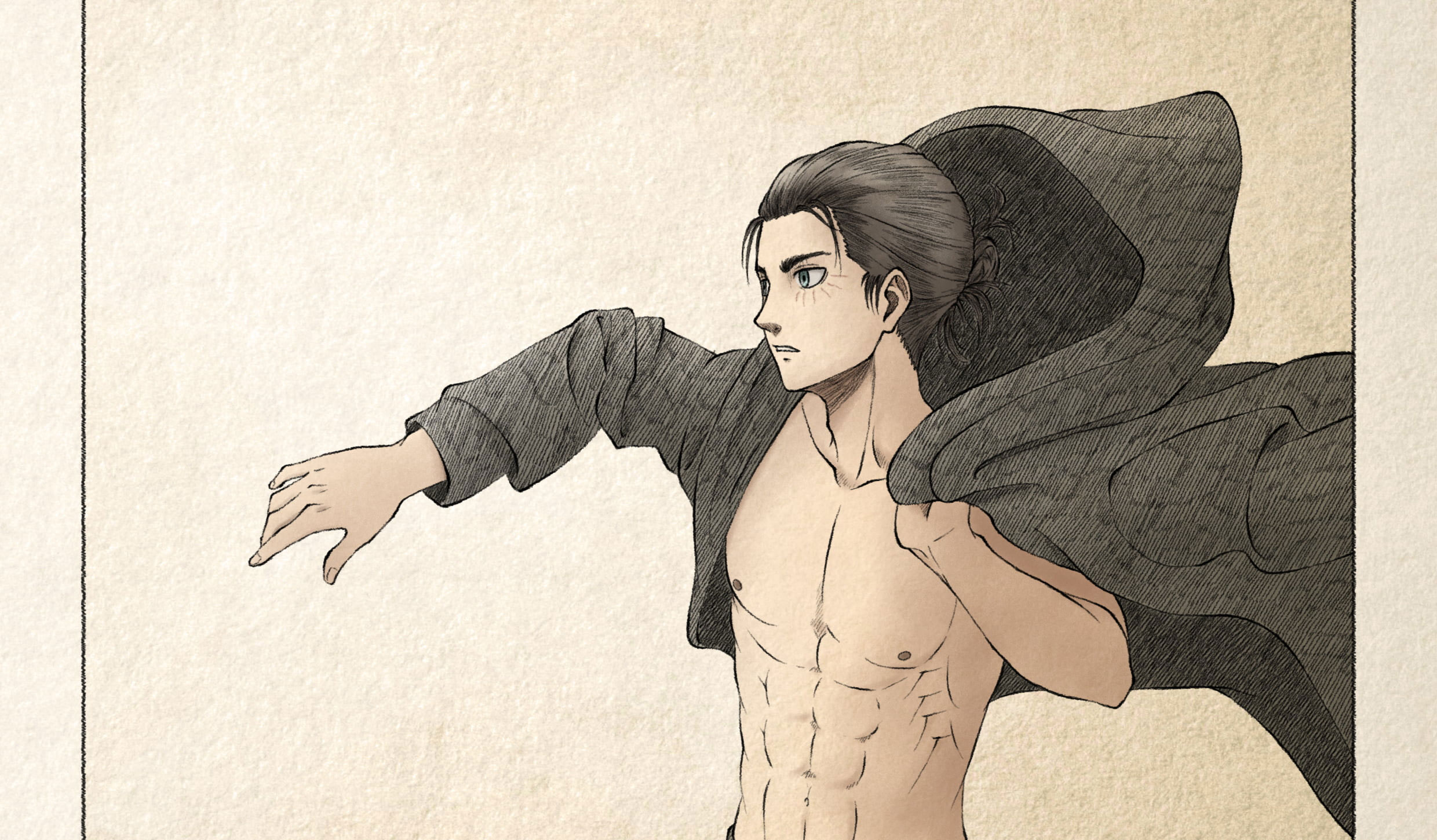 An anime character with no shirt and a black jacket. - Attack On Titan