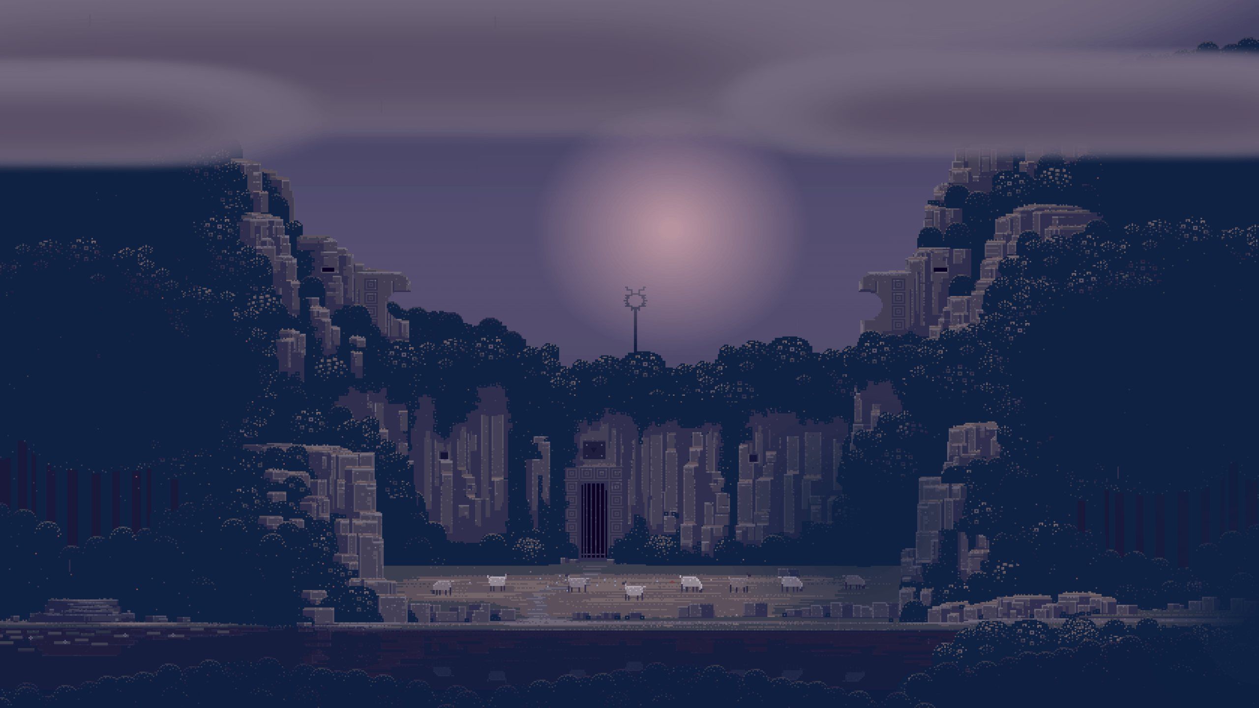 A castle sits atop a mountain, surrounded by trees. The sun is setting in the background. - 2560x1440, pixel art