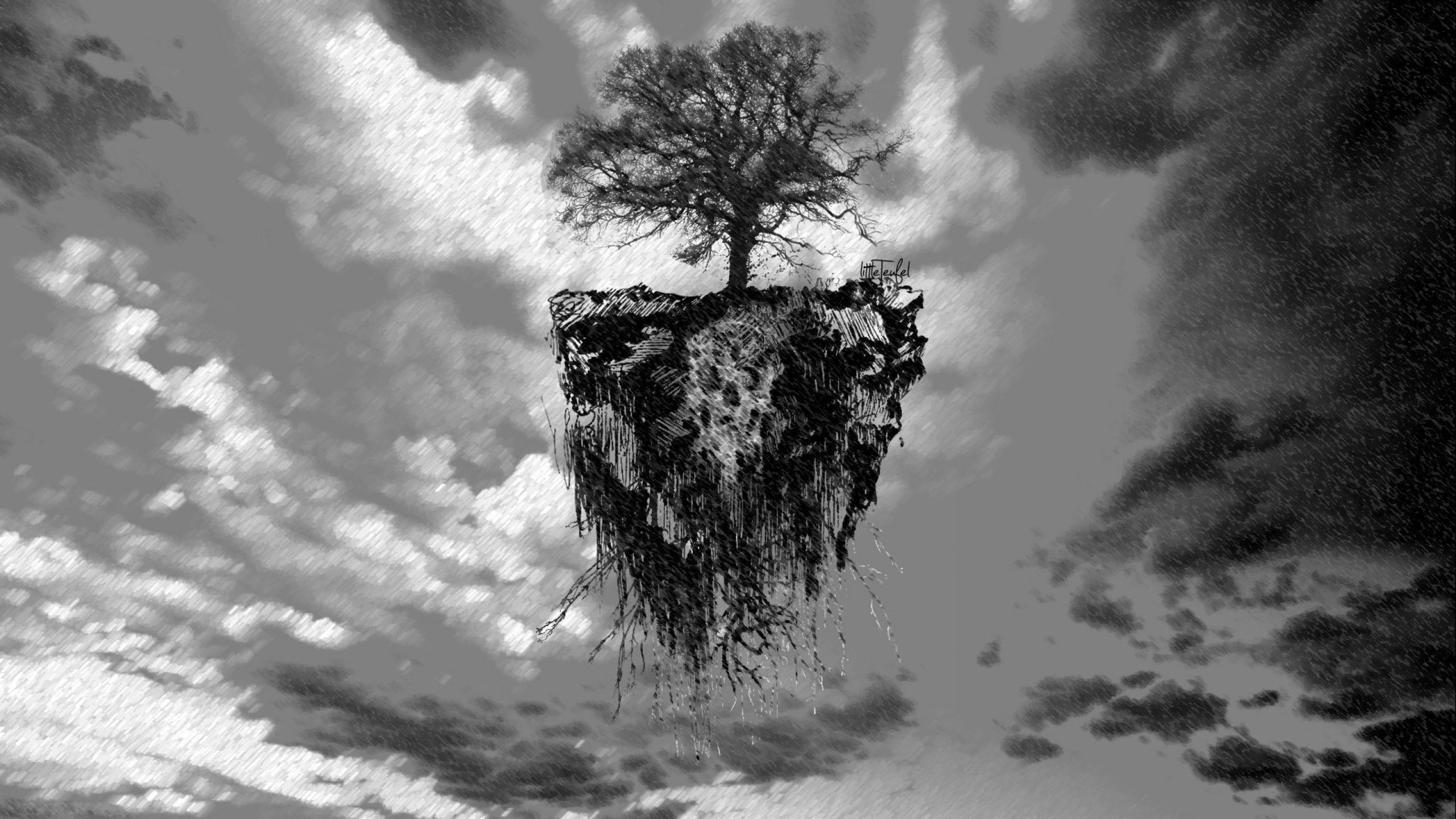 A tree is seen growing out of a floating rock in the sky. - 2560x1440, nature