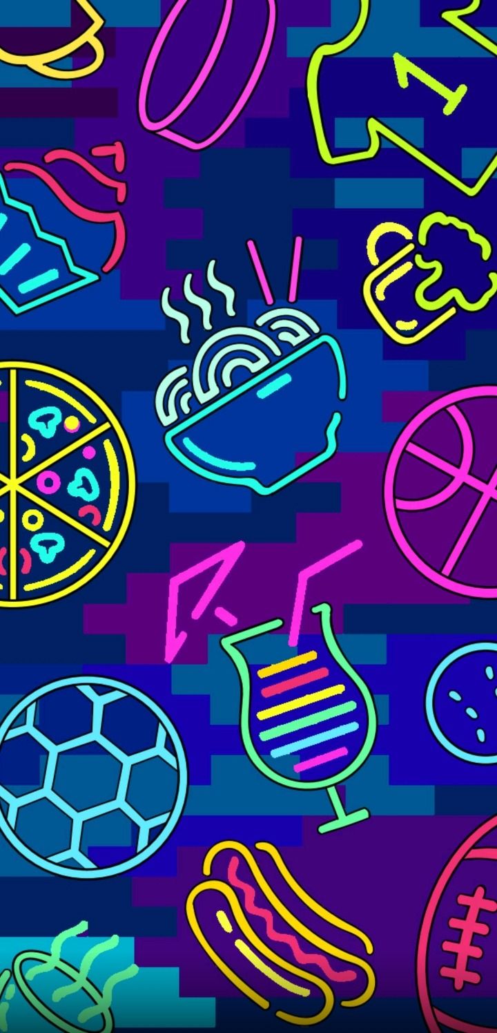 Neon wallpaper with different food and sports ball - Pizza